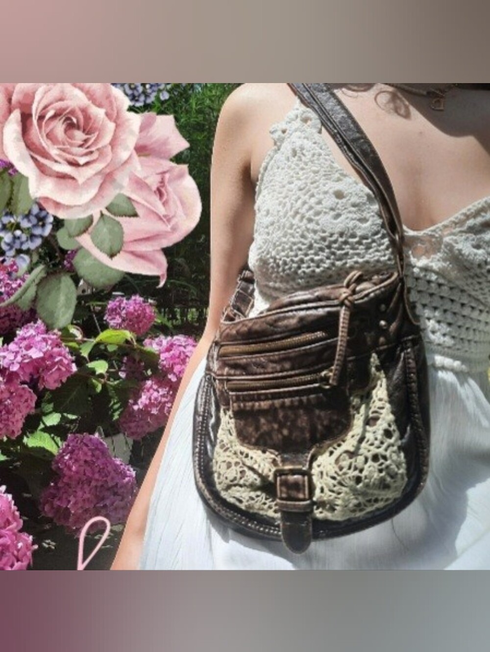 Western Brown Faux Leather Lace Accent Crossbody Hobo Bag